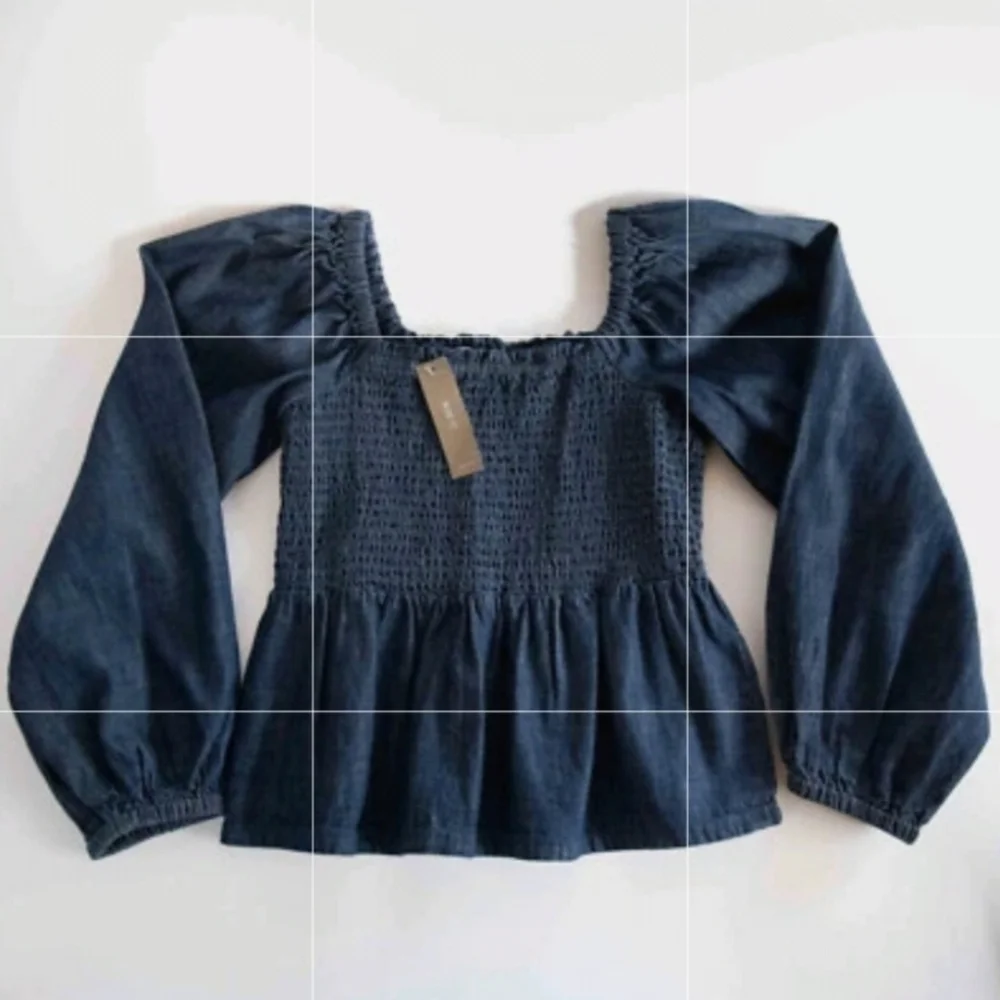 J.CREW PUFFY SLEEVE CHAMBRAY JEANS SMOCKED TOP XS BNWT $98 1 LEFT!